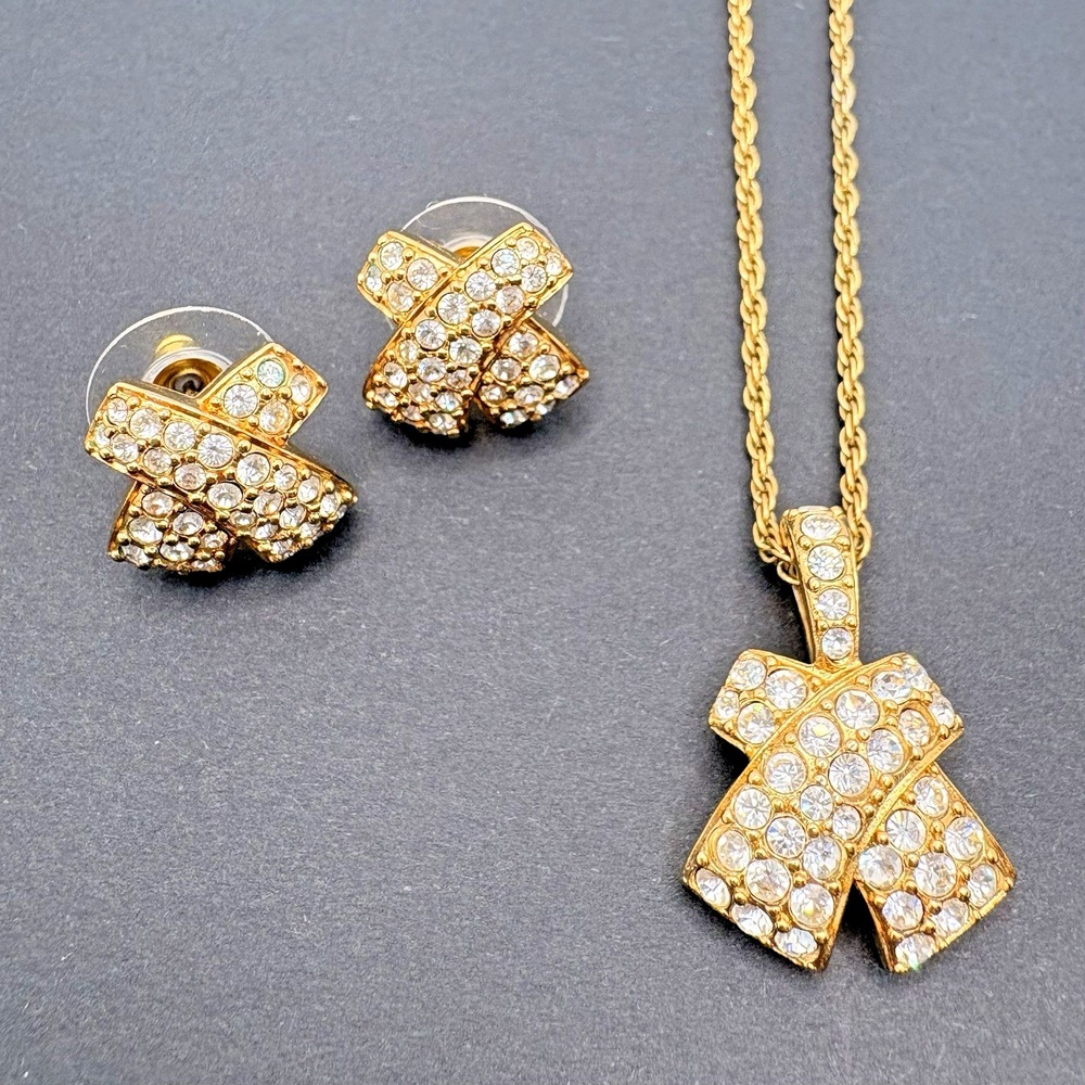 Vintage Swarovski Pavé Crystal X Necklace Earrings Set Pierced Swan Signed